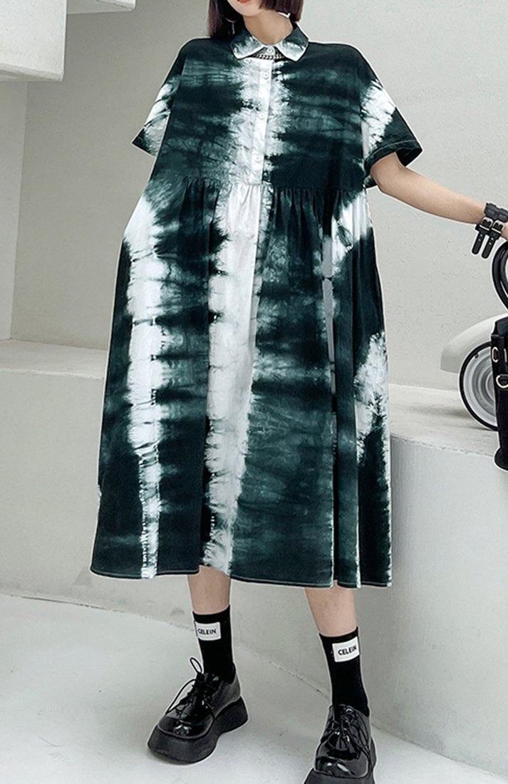 Women Black Tie Dye Cotton Turn-down Collar Summer Long Dresses - bagstylebliss