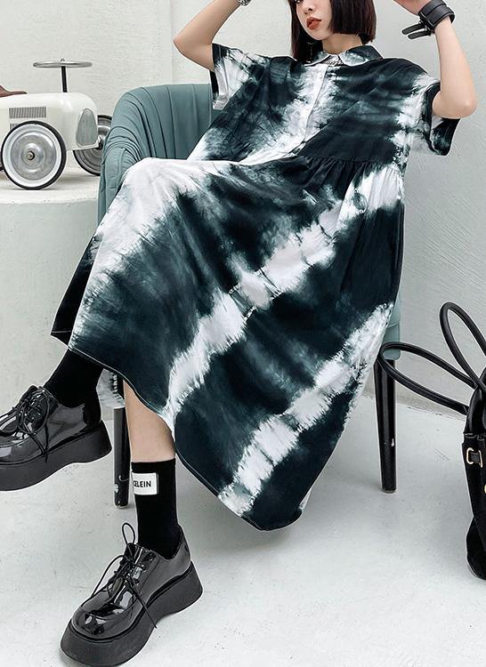 Women Black Tie Dye Cotton Turn-down Collar Summer Long Dresses - bagstylebliss