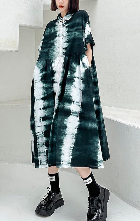 Women Black Tie Dye Cotton Turn-down Collar Summer Long Dresses - bagstylebliss