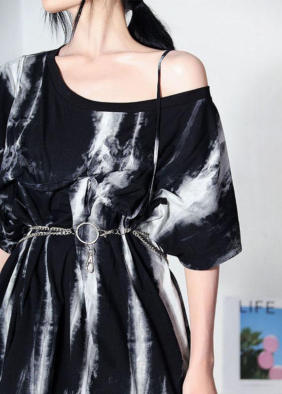 Women Black Tie Dye One Shoulder tie waist Shirt Tops Summer - bagstylebliss