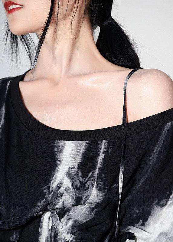 Women Black Tie Dye One Shoulder tie waist Shirt Tops Summer - bagstylebliss