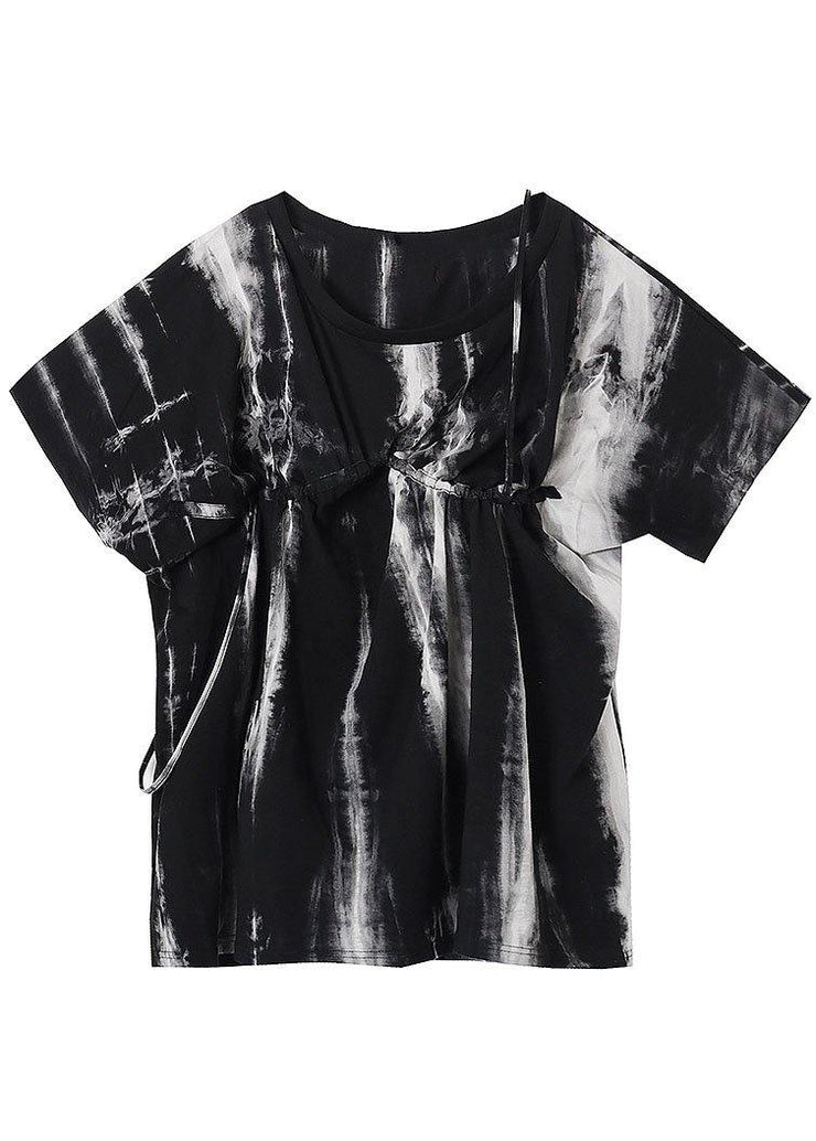 Women Black Tie Dye One Shoulder tie waist Shirt Tops Summer - bagstylebliss