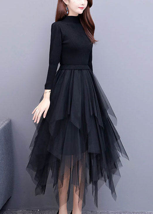 Women Black Tulle Patchwork asymmetrical design Dress Spring