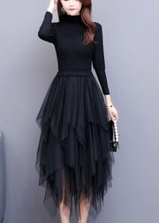 Women Black Tulle Patchwork asymmetrical design Dress Spring