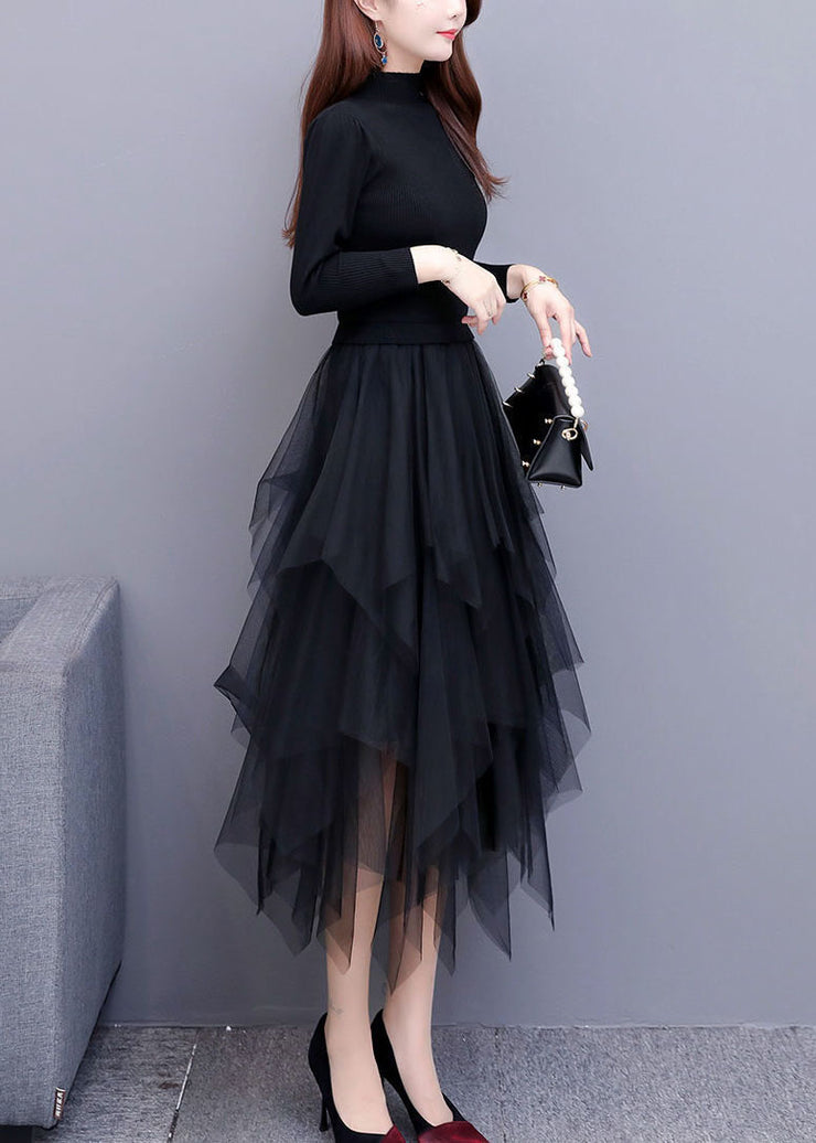 Women Black Tulle Patchwork asymmetrical design Dress Spring