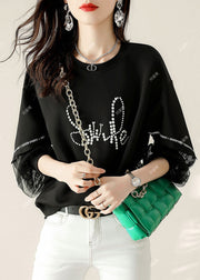 Women Black Tulle Print Cotton Loose Sweatshirt Spring