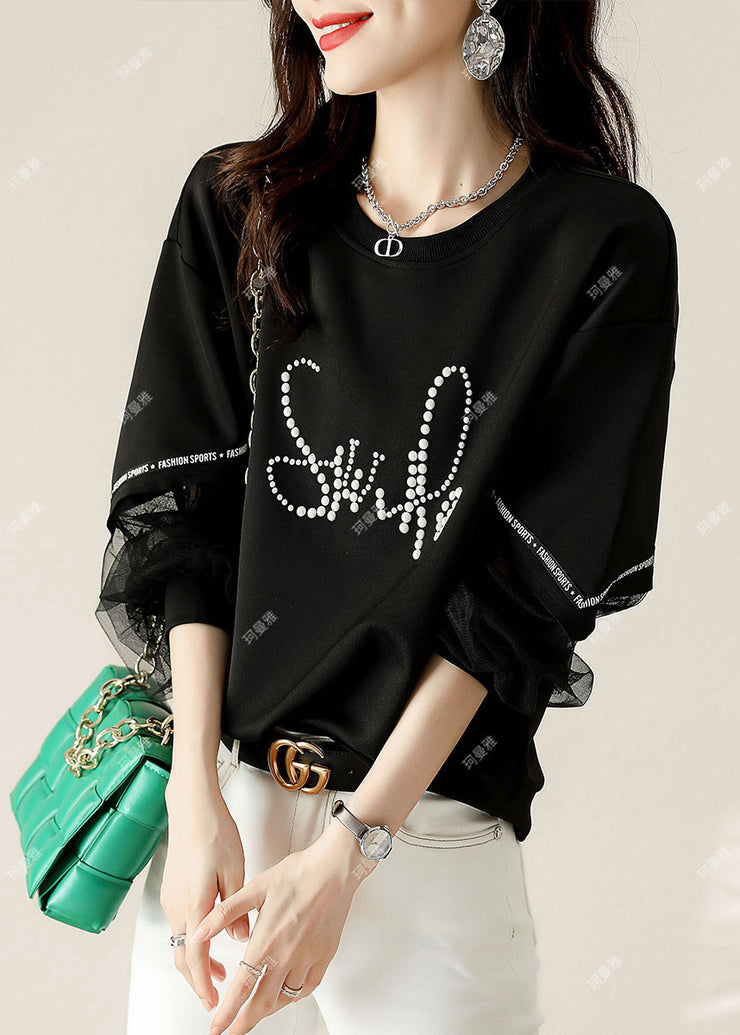 Women Black Tulle Print Cotton Loose Sweatshirt Spring