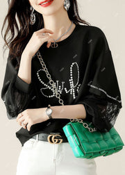 Women Black Tulle Print Cotton Loose Sweatshirt Spring