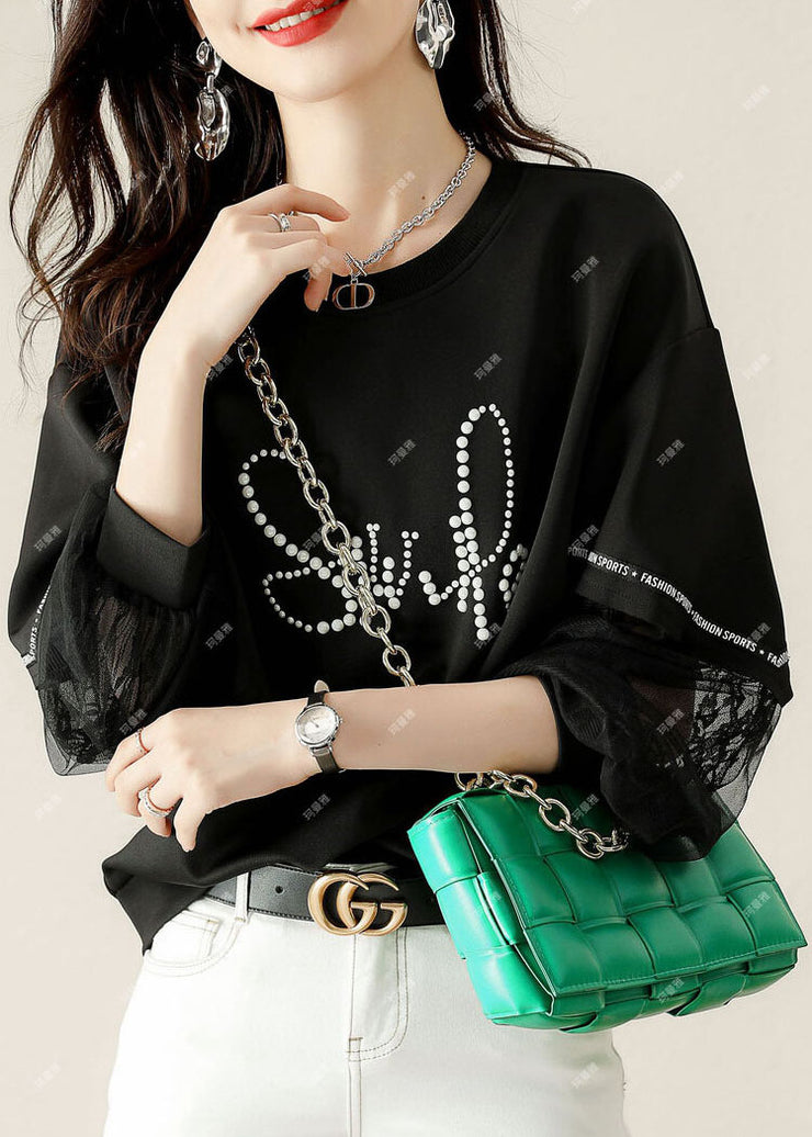 Women Black Tulle Print Cotton Loose Sweatshirt Spring