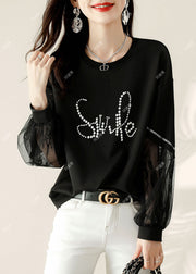 Women Black Tulle Print Cotton Loose Sweatshirt Spring