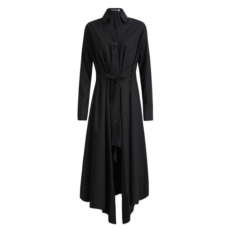 Women Black Tunic Pattern V Neck Asymmetric Robe Spring Dress - bagstylebliss