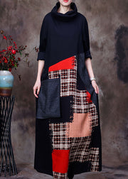 Women Black Turtle Neck Patchwork Woolen Dress Spring