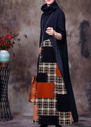 Women Black Turtle Neck Patchwork Woolen Dress Spring