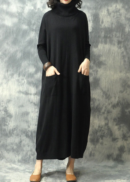 Women Black Turtleneck Pockets Fall Knit Dress