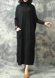 Women Black Turtleneck Pockets Fall Knit Dress