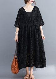 Women Black V Neck Floral Embroideried Dress Two Pieces Set Half Sleeve