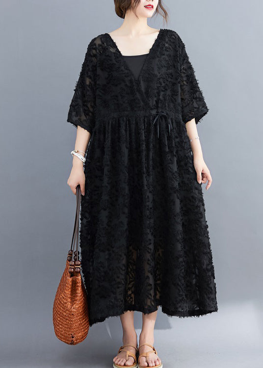 Women Black V Neck Floral Embroideried Dress Two Pieces Set Half Sleeve