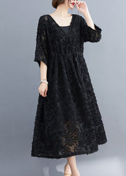 Women Black V Neck Floral Embroideried Dress Two Pieces Set Half Sleeve