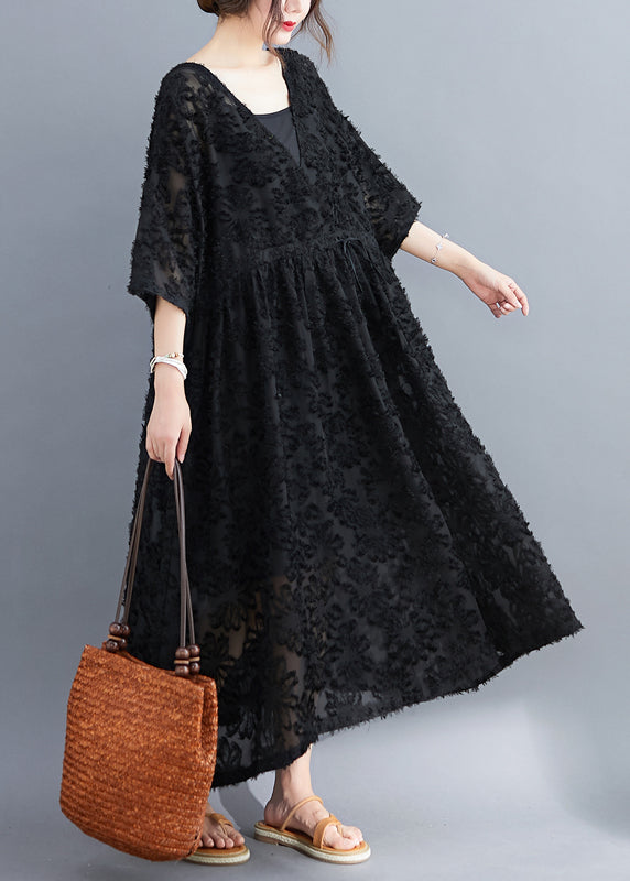 Women Black V Neck Floral Embroideried Dress Two Pieces Set Half Sleeve