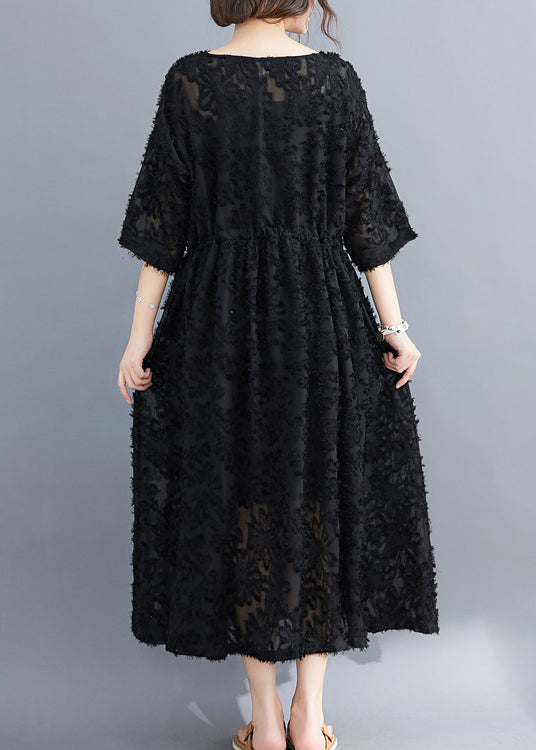 Women Black V Neck Floral Embroideried Dress Two Pieces Set Half Sleeve