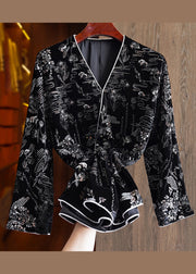 Women Black V Neck Jacquard Patchwork Silk Velour Coats Fall