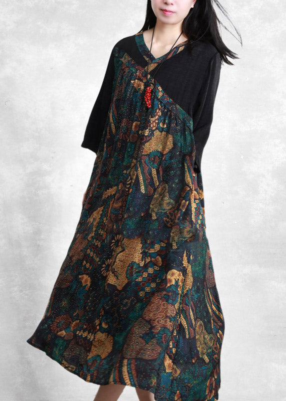 Women Black V Neck Patchwork Asymmetrical Print Silk Dress Three Quarter Sleeve