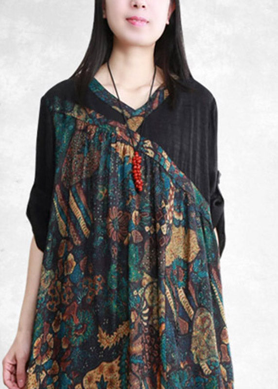 Women Black V Neck Patchwork Asymmetrical Print Silk Dress Three Quarter Sleeve