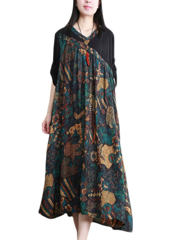 Women Black V Neck Patchwork Asymmetrical Print Silk Dress Three Quarter Sleeve