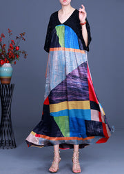 Women Black V Neck Patchwork Long Dress Half Sleeve