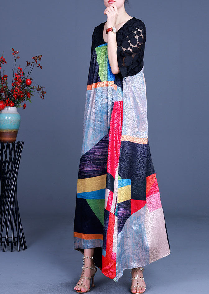 Women Black V Neck Patchwork Long Dress Half Sleeve