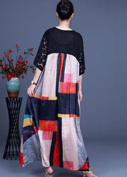 Women Black V Neck Patchwork Long Dress Half Sleeve