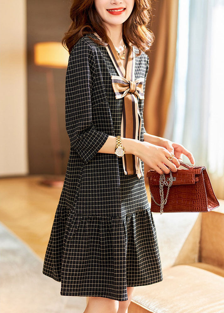 Women Black V Neck Plaid Bow Dresses Spring