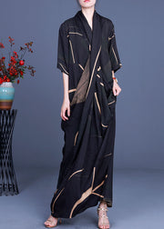 Women Black V Neck Chiffon Dress Half Sleeve