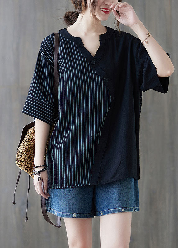 Women Black V Neck Striped Cotton Blouse Tops Half Sleeve