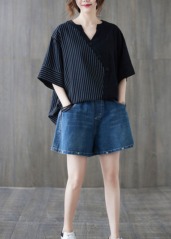 Women Black V Neck Striped Cotton Blouse Tops Half Sleeve