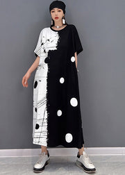 Women Black White Patchwork Dot Print Cotton Sweatshirt Long Dress Short Sleeve