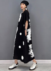 Women Black White Patchwork Dot Print Cotton Sweatshirt Long Dress Short Sleeve