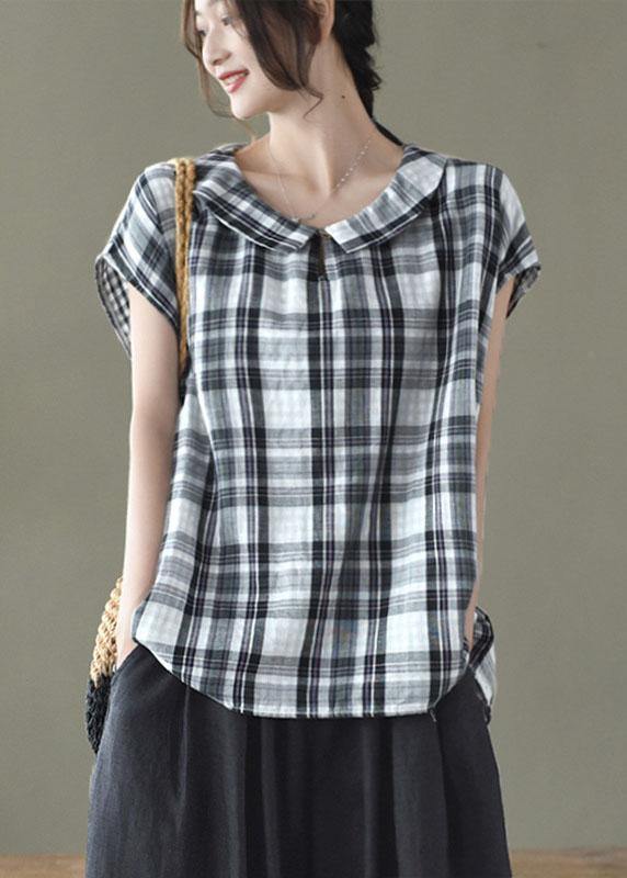 Women Black White Plaid Peter Pan Collar Cotton Shirts Summer - bagstylebliss