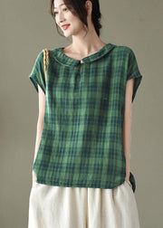 Women Black White Plaid Peter Pan Collar Cotton Shirts Summer - bagstylebliss