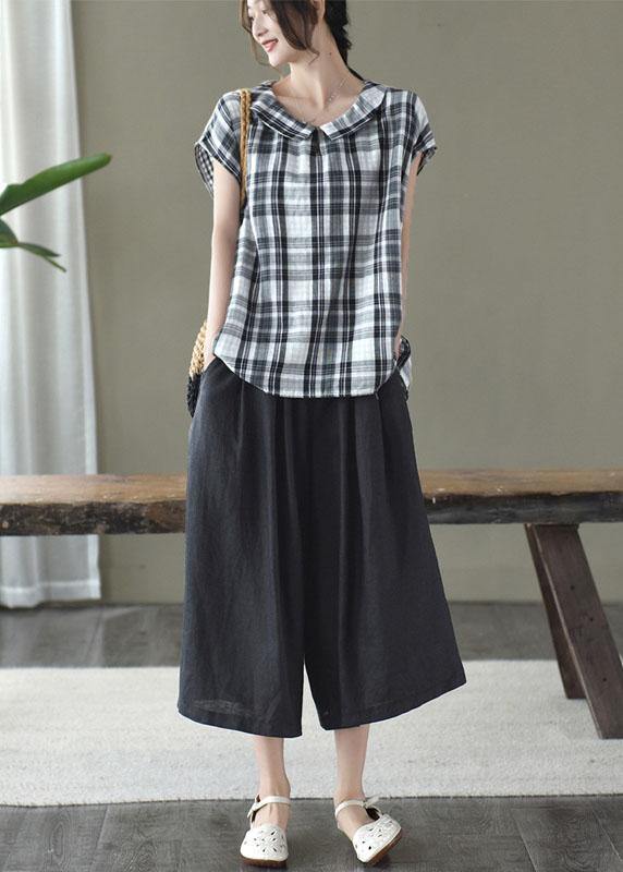 Women Black White Plaid Peter Pan Collar Cotton Shirts Summer - bagstylebliss