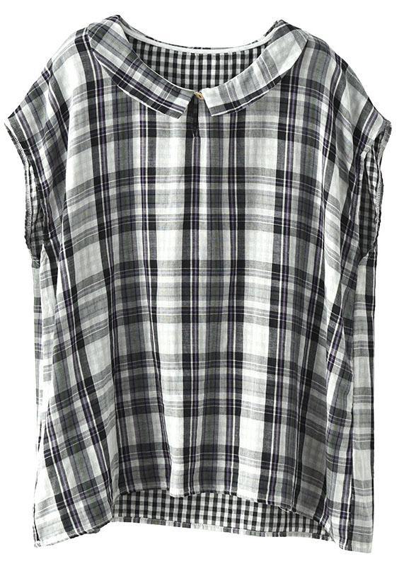 Women Black White Plaid Peter Pan Collar Cotton Shirts Summer - bagstylebliss