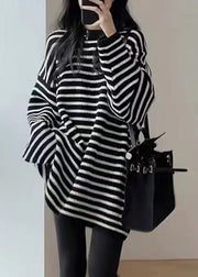 Women Black White Striped O-Neck Cozy Mid Knit Sweater Fall