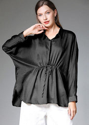 Women Black Wrinkled Tie Waist Fall Blouses Long Sleeve - bagstylebliss