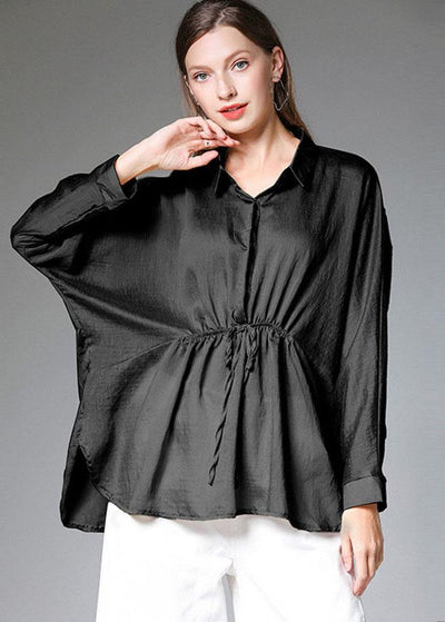 Women Black Wrinkled Tie Waist Fall Blouses Long Sleeve - bagstylebliss