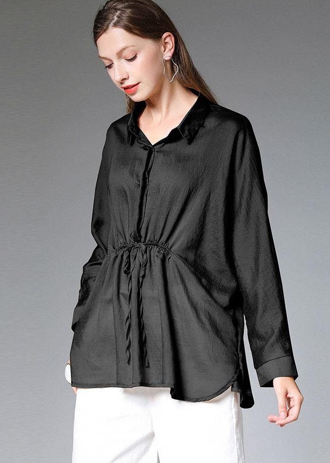 Women Black Wrinkled Tie Waist Fall Blouses Long Sleeve - bagstylebliss