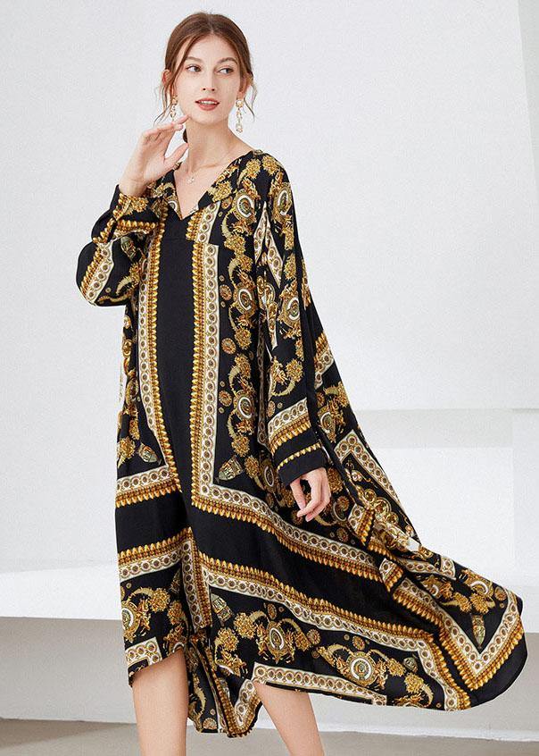 Women Black Yellow Print Loose Asymmetrical Design Fall Holiday Dress Long Sleeve - bagstylebliss