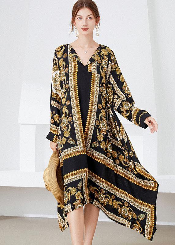 Women Black Yellow Print Loose Asymmetrical Design Fall Holiday Dress Long Sleeve - bagstylebliss