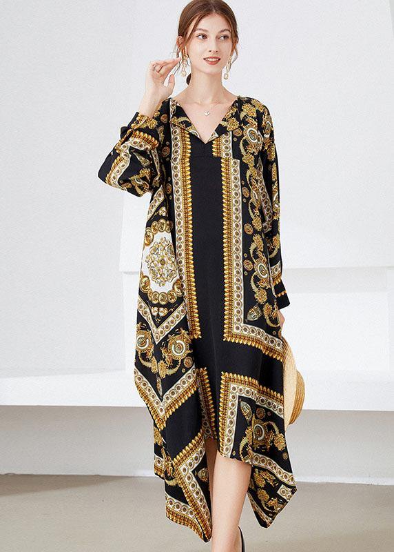 Women Black Yellow Print Loose Asymmetrical Design Fall Holiday Dress Long Sleeve - bagstylebliss