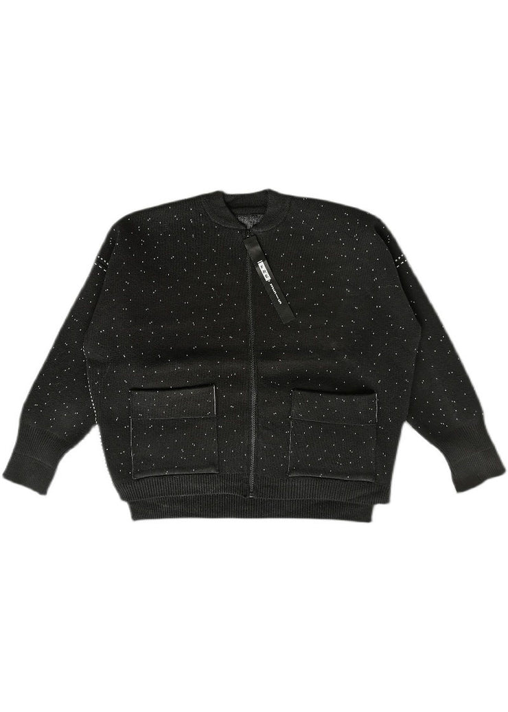 Women Black Zip Up Dot Woolen Knit Coat Winter