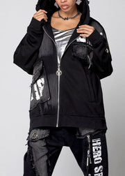 Women Black Zip Up Pockets denim Coat Spring